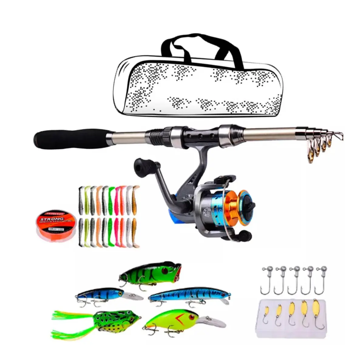 FINYQBET Vara de Pesca com Molinete, 1,8m, Fibra de Carbono, Telescopica | Inclui Iscas e Anzóis e Bolsa de Transporte, Kit de Pesca Completo Profissional, para Iniciantes e Profissionais, Leve