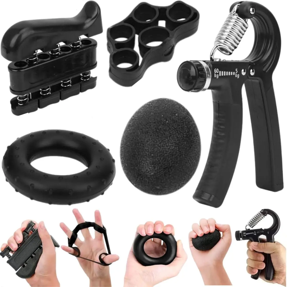 Hand Grip Kit de 5 em 1 Fortalecimento de Mãos Ajustável 5 a 60 kg, Ideal para Reabilitação e Fisioterapia para Artrite, Tendinite e Treino Esportivo