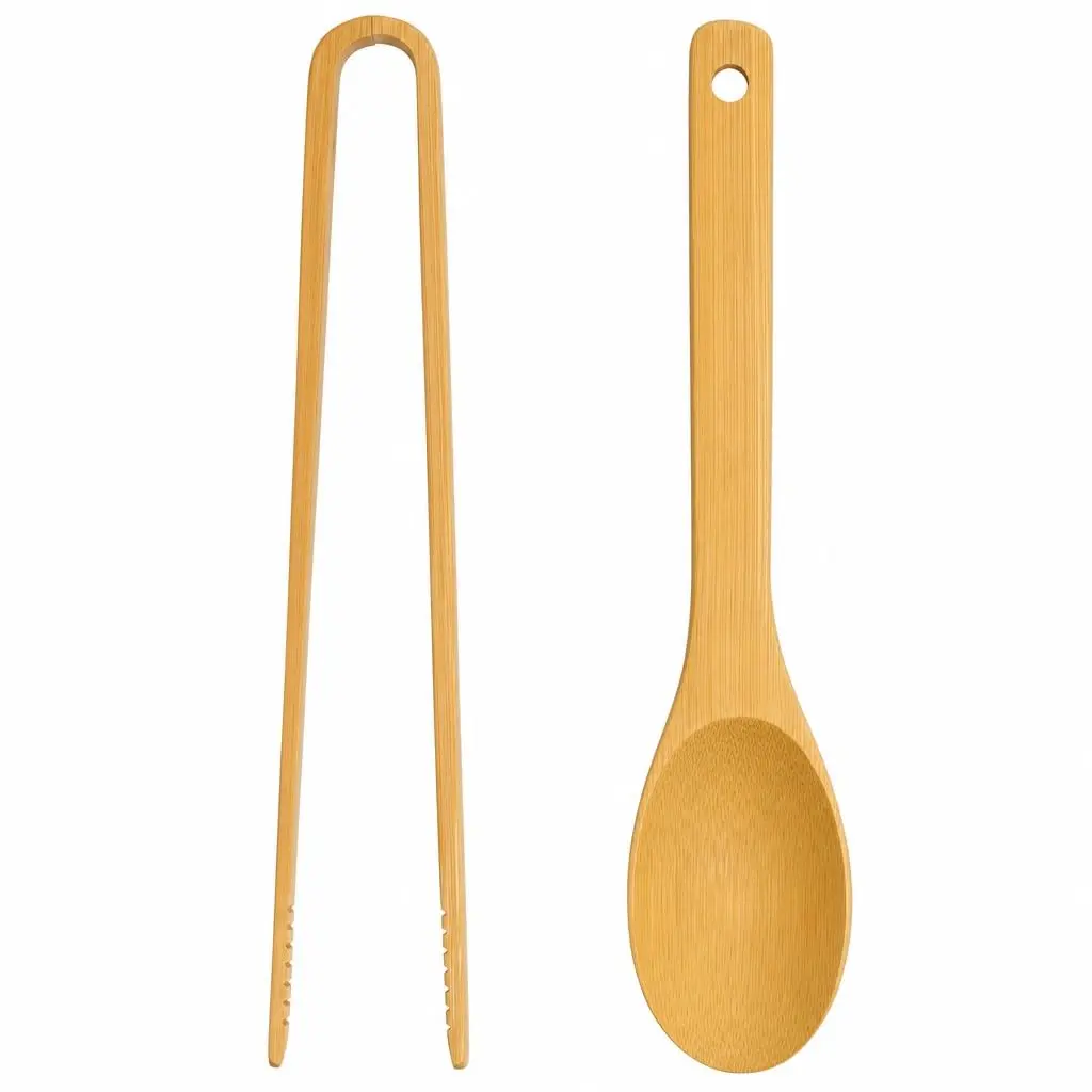 Kit Utensílios de Cozinha Bambu 30cm Colher e Pegador Pinça Não Risca Panelas Antiaderentes
