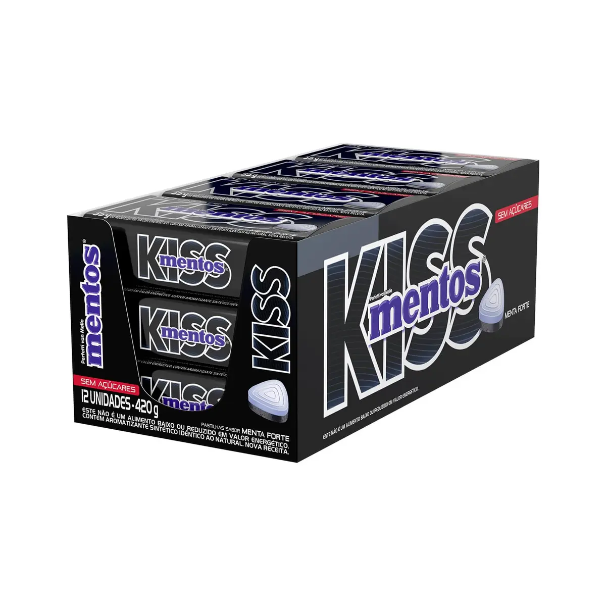 Mentos Kiss Menta Forte Pastilhas Sem Açúcar - Display 420g | 12 Latas x 35g