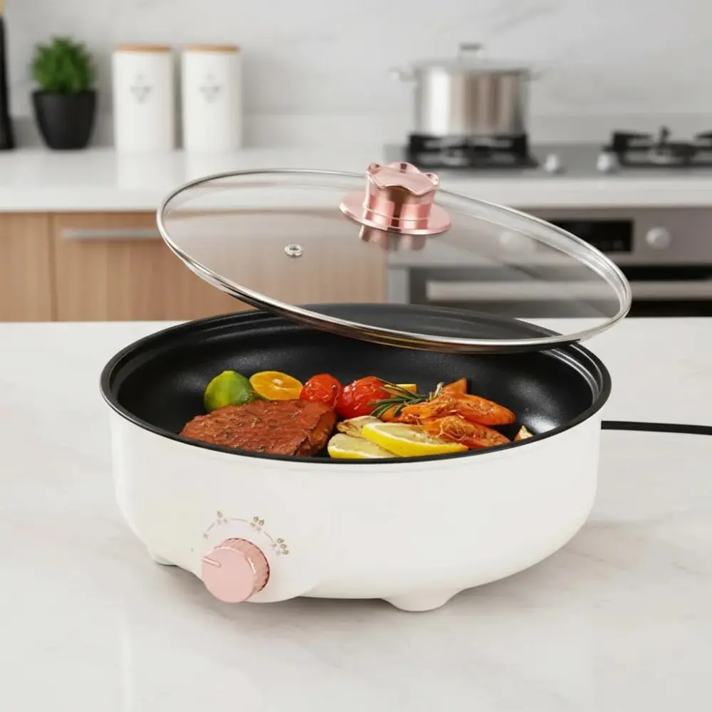 Frigideira Elétrica Antiaderente 2,5L 600W 220V com Tampa de Vidro Temperado - Panela Grill Portátil Sem Óleo, 3 Níveis de Temperatura, Livre de BPA