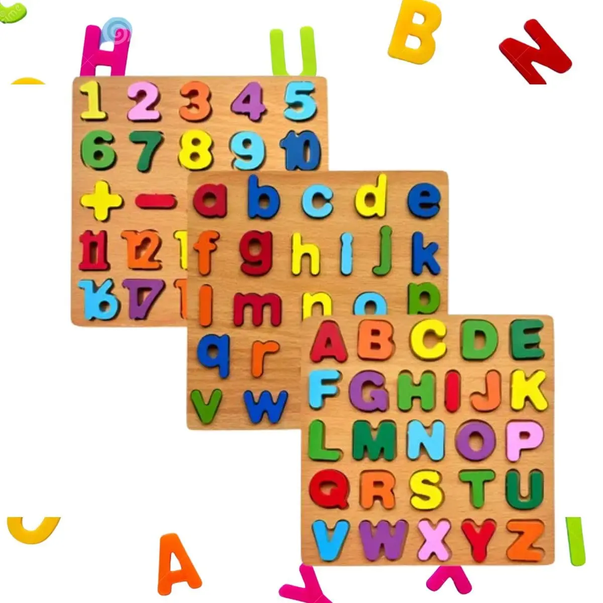 Kit 3 Brinquedos Educativo Tabuleiro Letras e Numeros Madeira Premium | Tabuleiro de Letras de Encaixe Alfabeto Maiúsculo Minúsculo, Números Ideal e Formas 20X20 Envio Variável - 1