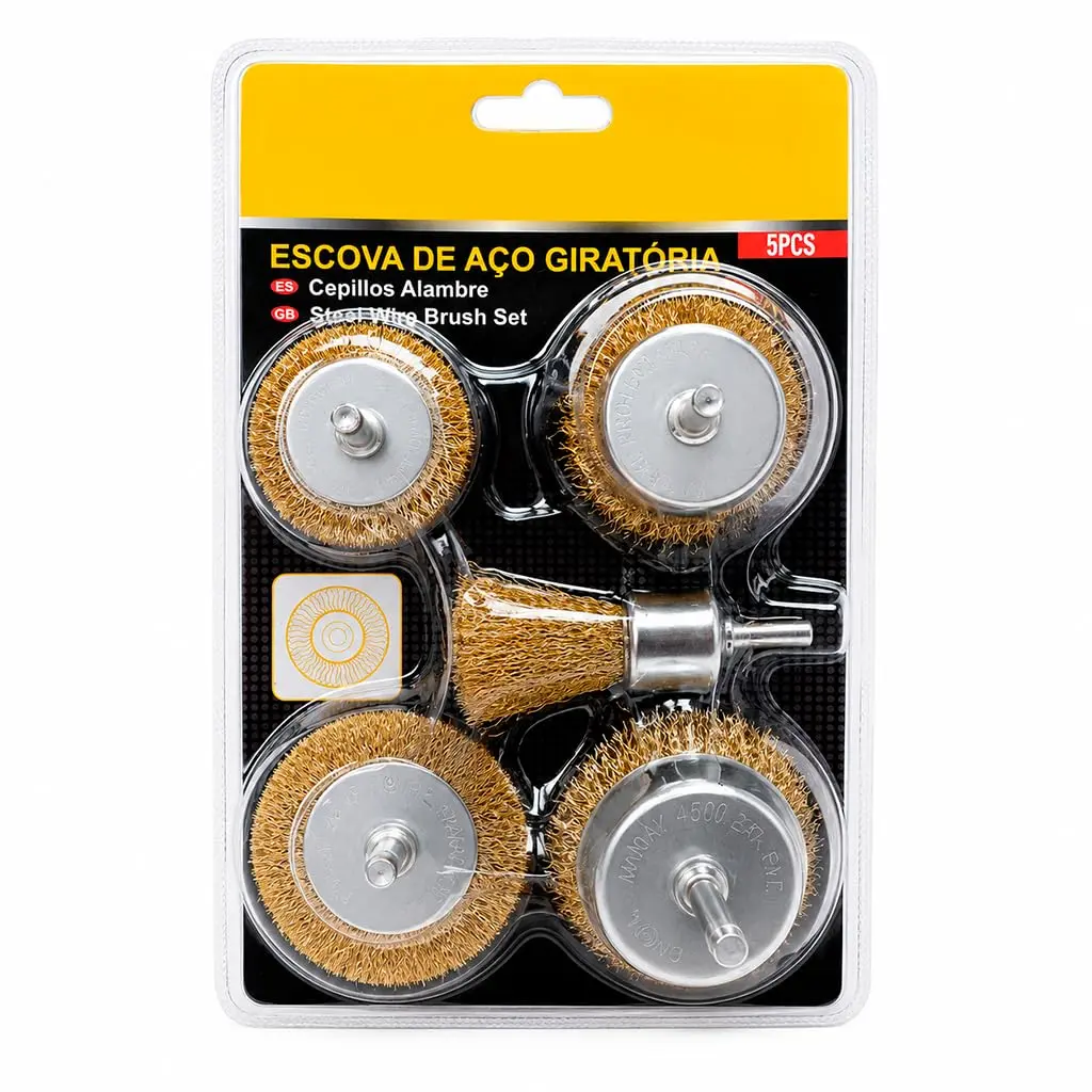 Kit Escova de Aço Circular 5 Peças Para Furadeira Com Haste Refil Premium | Multiuso, Abrasiva, Refil Substituível, Aço Resistente, Ferramenta Giratória, Limpeza de Superfícies Diversas