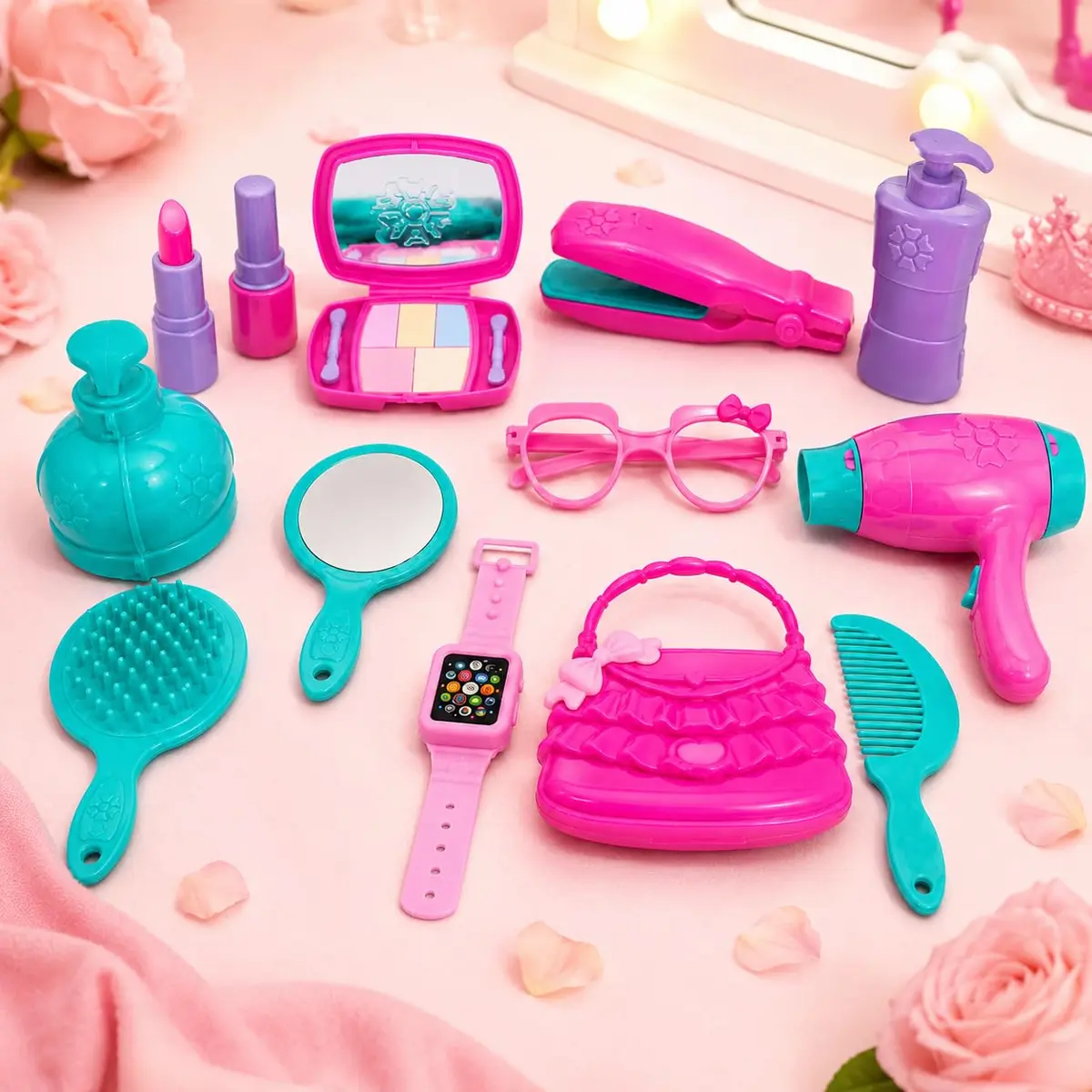 Kit Beleza Infantil Brinquedo Faz de Conta Com Bolsa Secador Maquiagem Óculos E Acessórios - 1