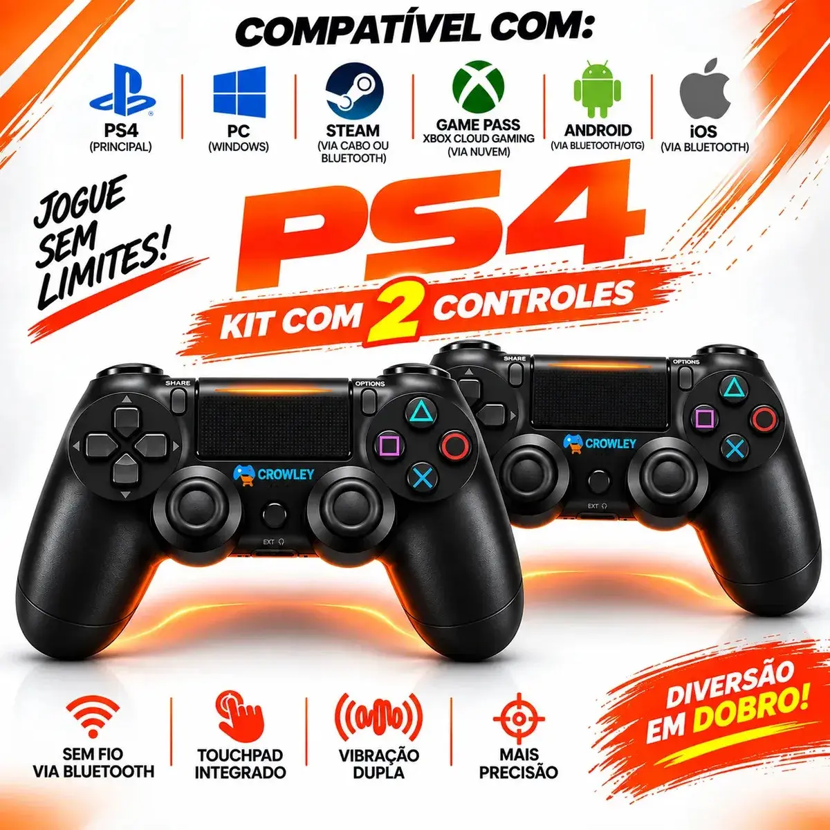 Kit 2 Controles Sem Fio Bluetooth Para Ps4 Videogame Gamepass Steam Tv Smart Gamer Celular Joystick Manete - Crowley - 1