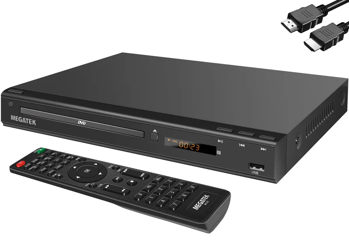 MEGATEK Leitor de DVD sem região para TV com HDMI, USB e Upscaling 1080p | Leitor de DVD/CD para casa, áudio digital coaxial, PAL/NTSC, tela de LED, controle remoto e cabos HDMI/AV incluídos - 1