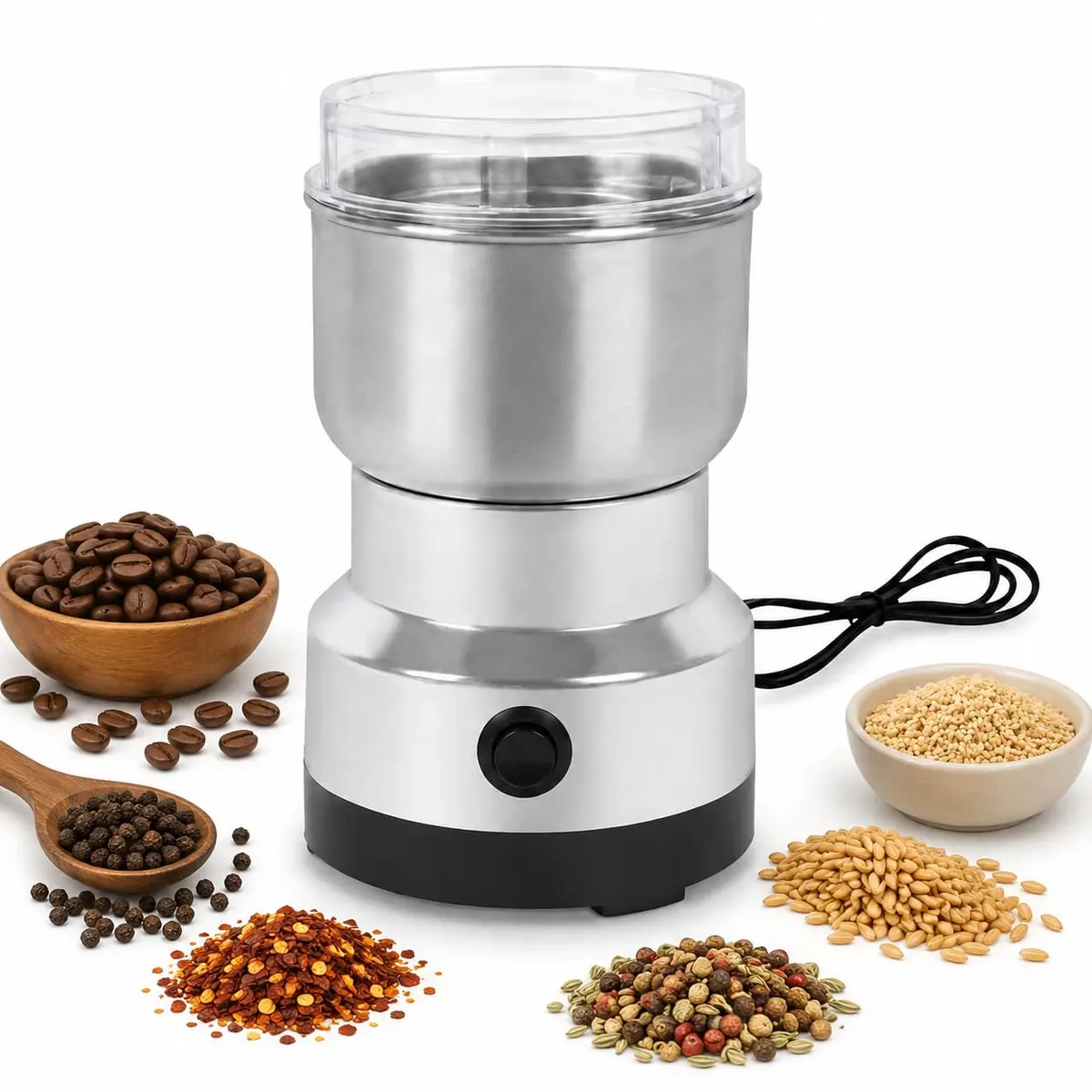 Moedor de Café Elétrico em Aço Inoxidável - 110V, Alta Potência 300W, com Lâminas em Aço Inox, 400ML, Grossa Fina e Média, Silencioso, Tampa T
