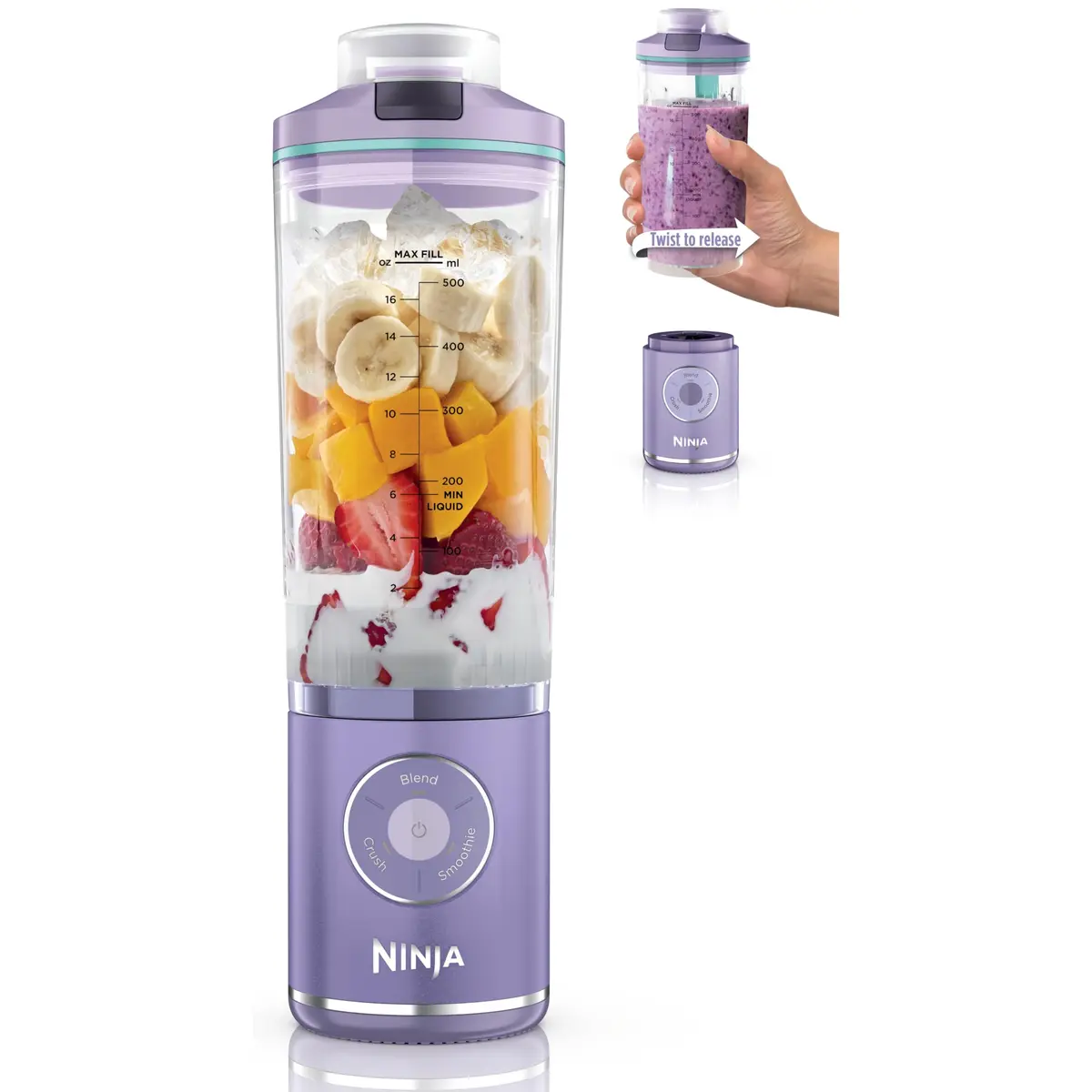 Ninja Blast Max, Liquidificador Portátil + Twist & Go, Smoothie Pessoal, Misturar, Triturar Gelo, 3 Programas, Sem Fio, Recipiente Removível de 22oz, Lavável na Máquina de Louças, À Prova de