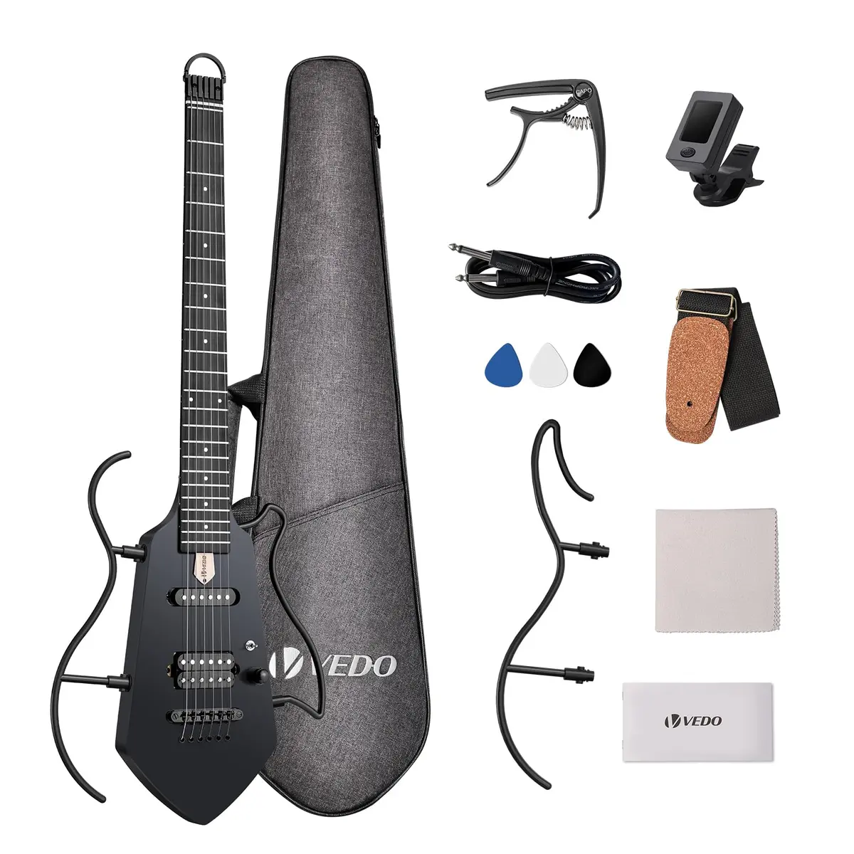 VEDO Guitarra elétrica silenciosa para viagem, Brinquedo compacta guitarra sem cabeça pequena e leve, adequada para viagens e prática, suporte portátil sólido de fácil montagem bolsa (Preto)