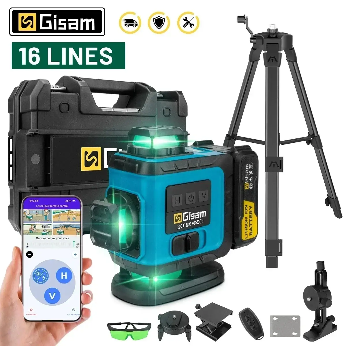 Gami 16 linhas 4d laser nível com tripé linha verde auto-nivelamento 360 horizontal vertical cruz luz medida feixe poderoso