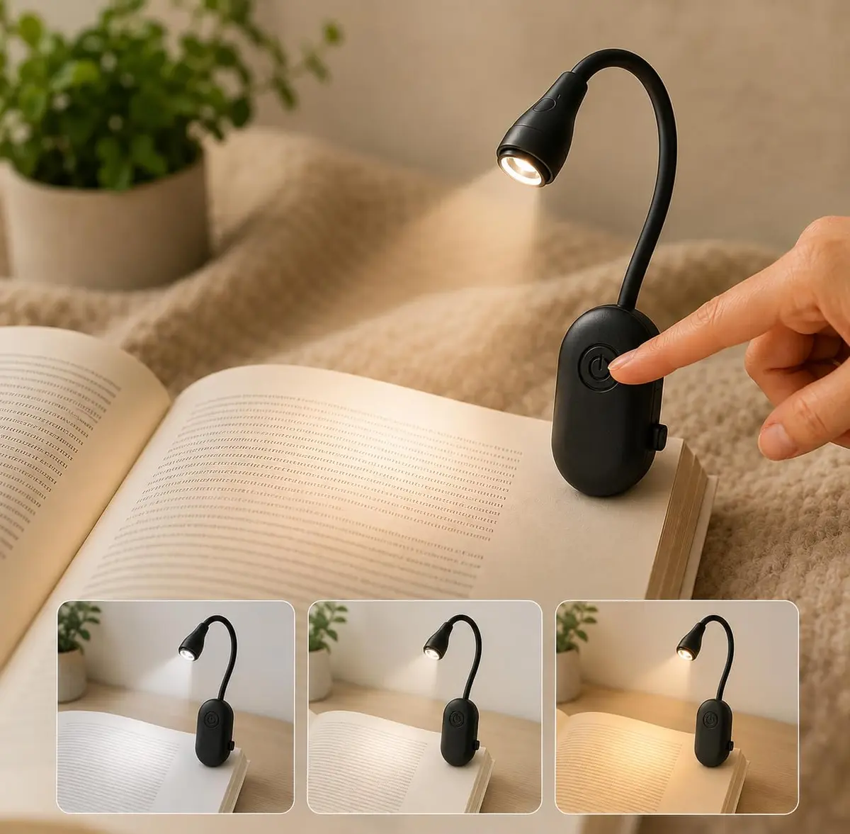 Luz de Leitura para Livro LED com Clipe Flexível USB Recarregável | Preta