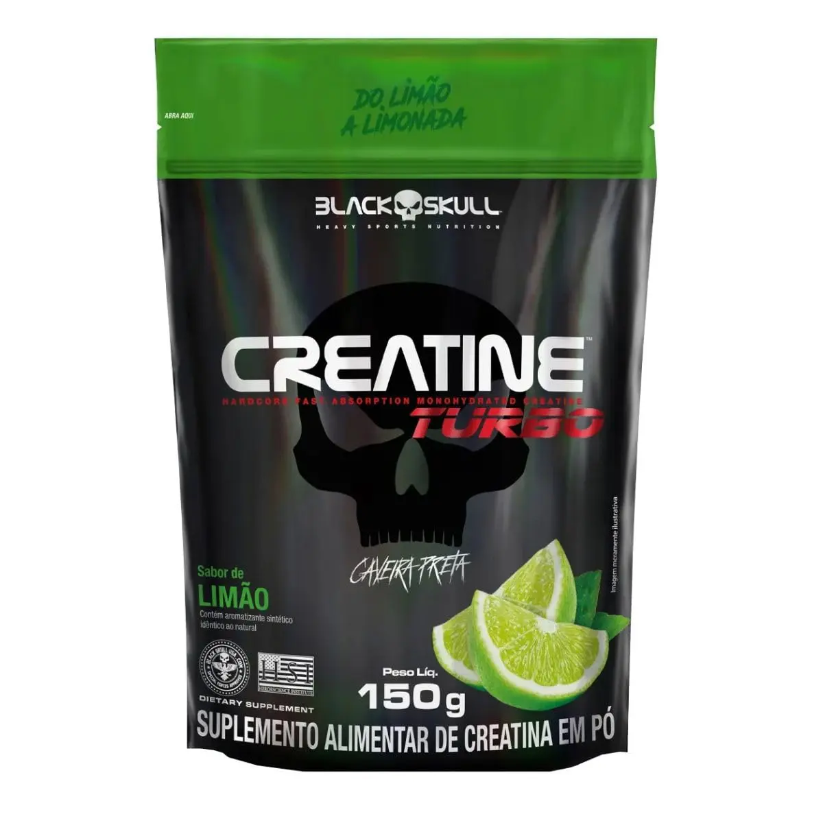 Creatine Turbo BlackSkull - Creatina Monohidratada em pó, com carboidrato para melhor absorção e performance (150g Refil, Limão)