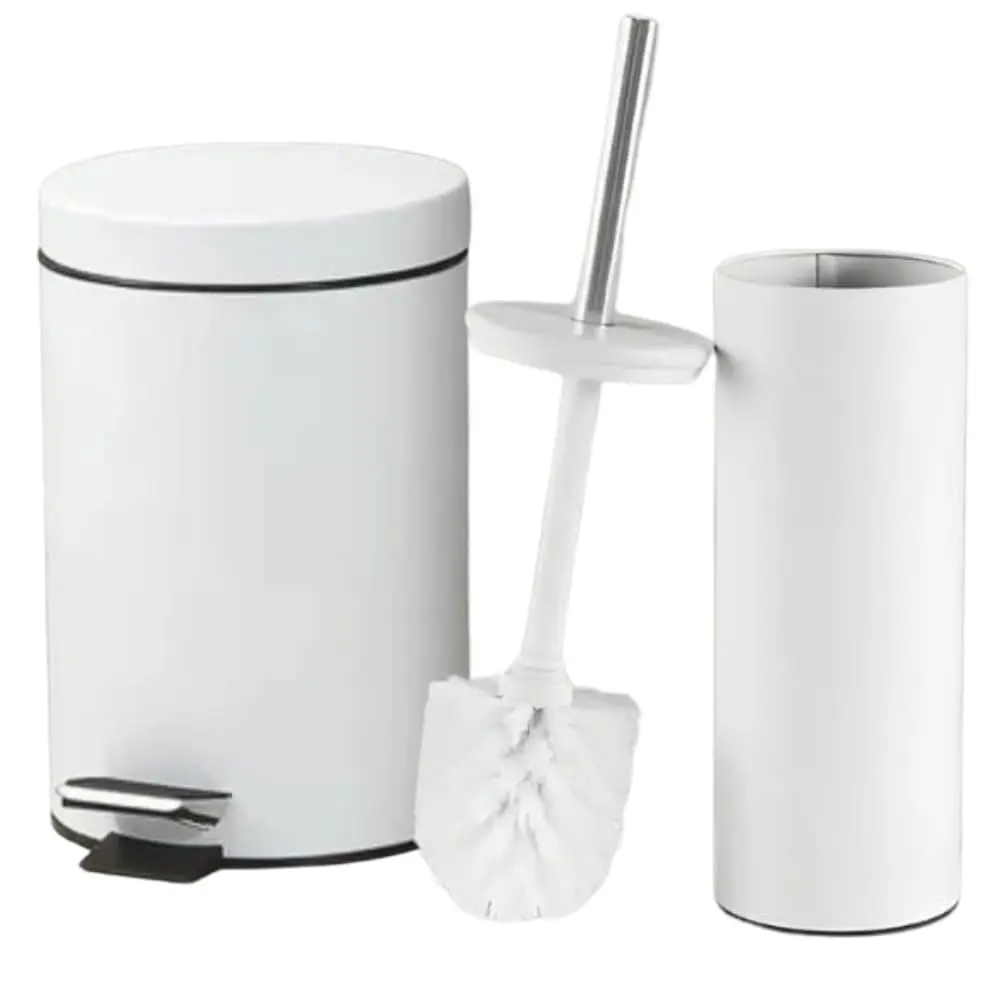 Kit Lixeira e Escova Sanitária para Banheiro 3 Litros em Aço Inox Pintado (Branca)