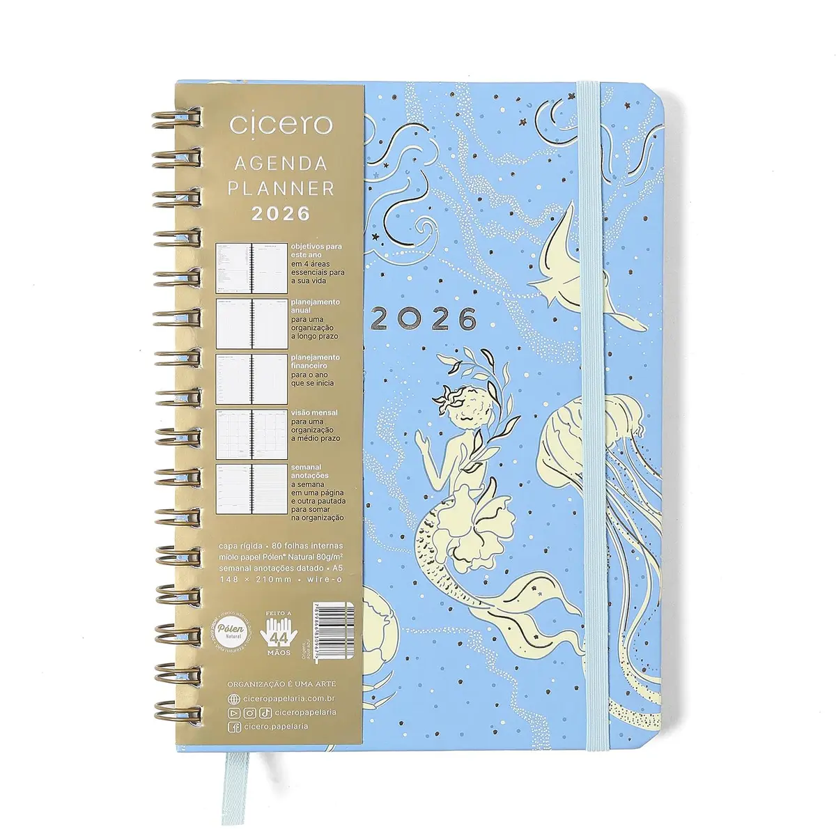 AGENDA PLANNER WIRE-O 2026 ORIGENS SEMANAL ANOTACOES A5 AQUA AZUL