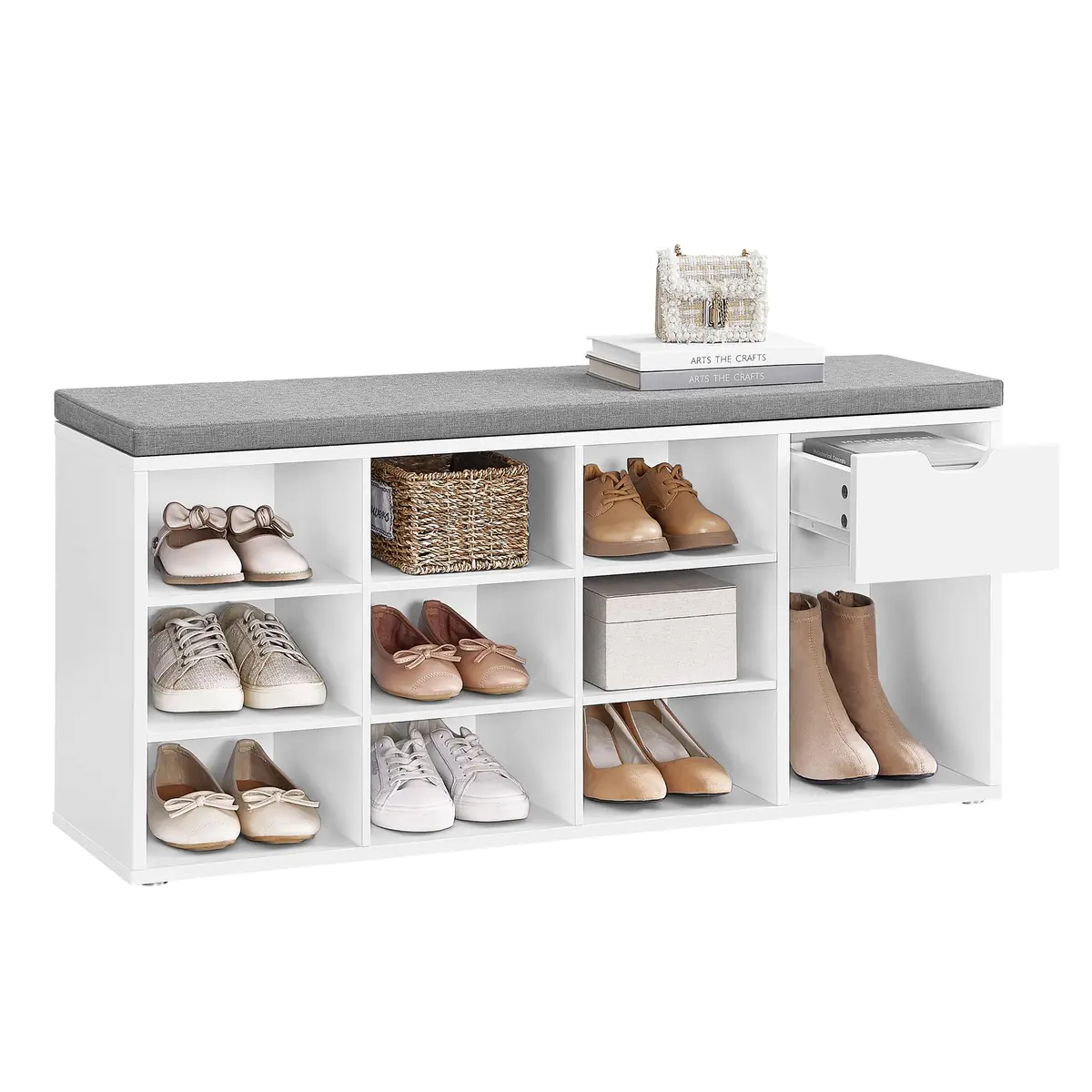 VASAGLE Banco para Armazenamento de Sapatos, Gaveta e Compartimentos Abertos, Banco com Assento para Sala de Estar, Quarto, Closet, Branco Nuvem BRLHS024WB01