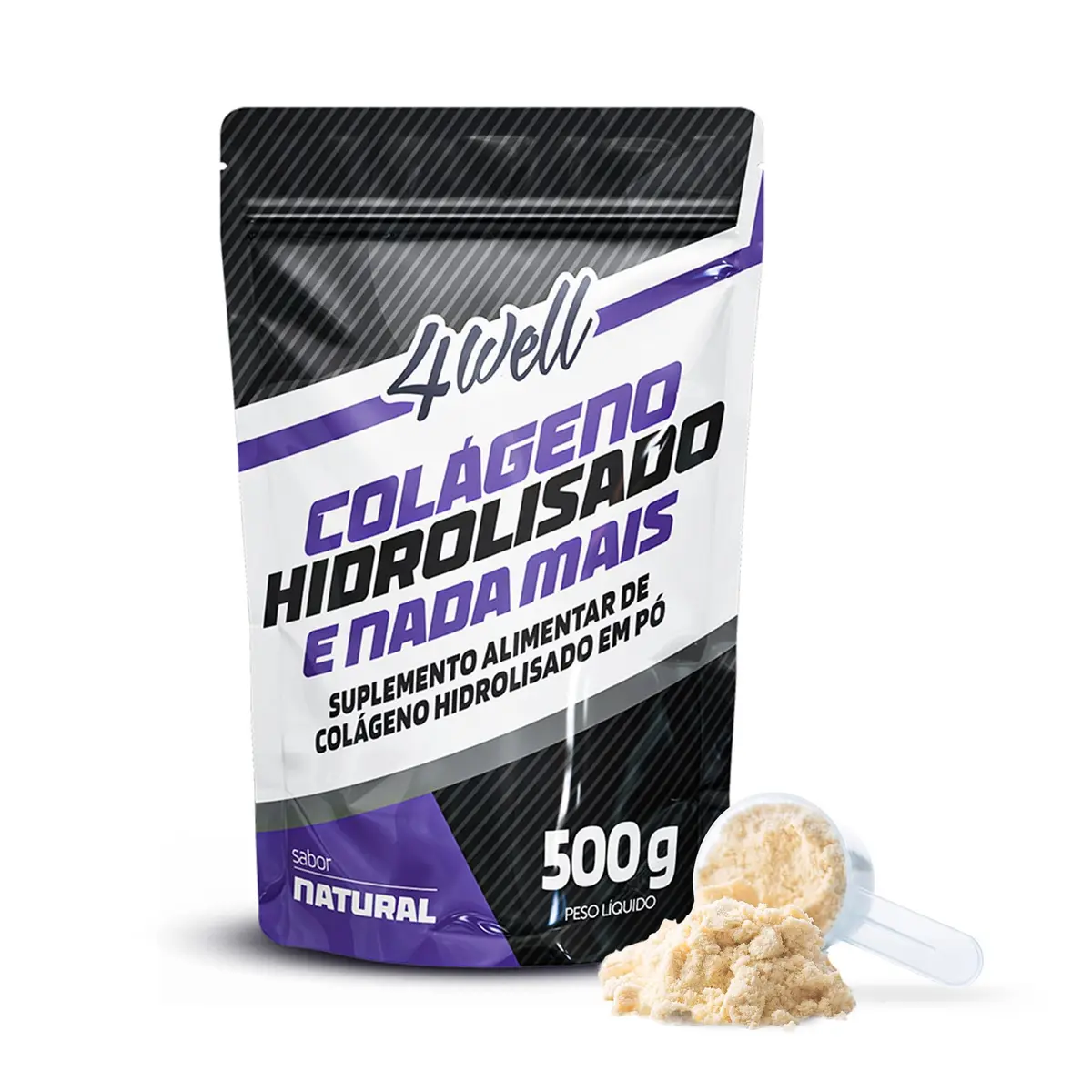 Colágeno Hidrolisado 500g em Pó Sem Sabor 4Well | Colágeno hidrolisado bovino em pó, embalagem de 500g, sem sabor, fórmula objetiva e com dosador.