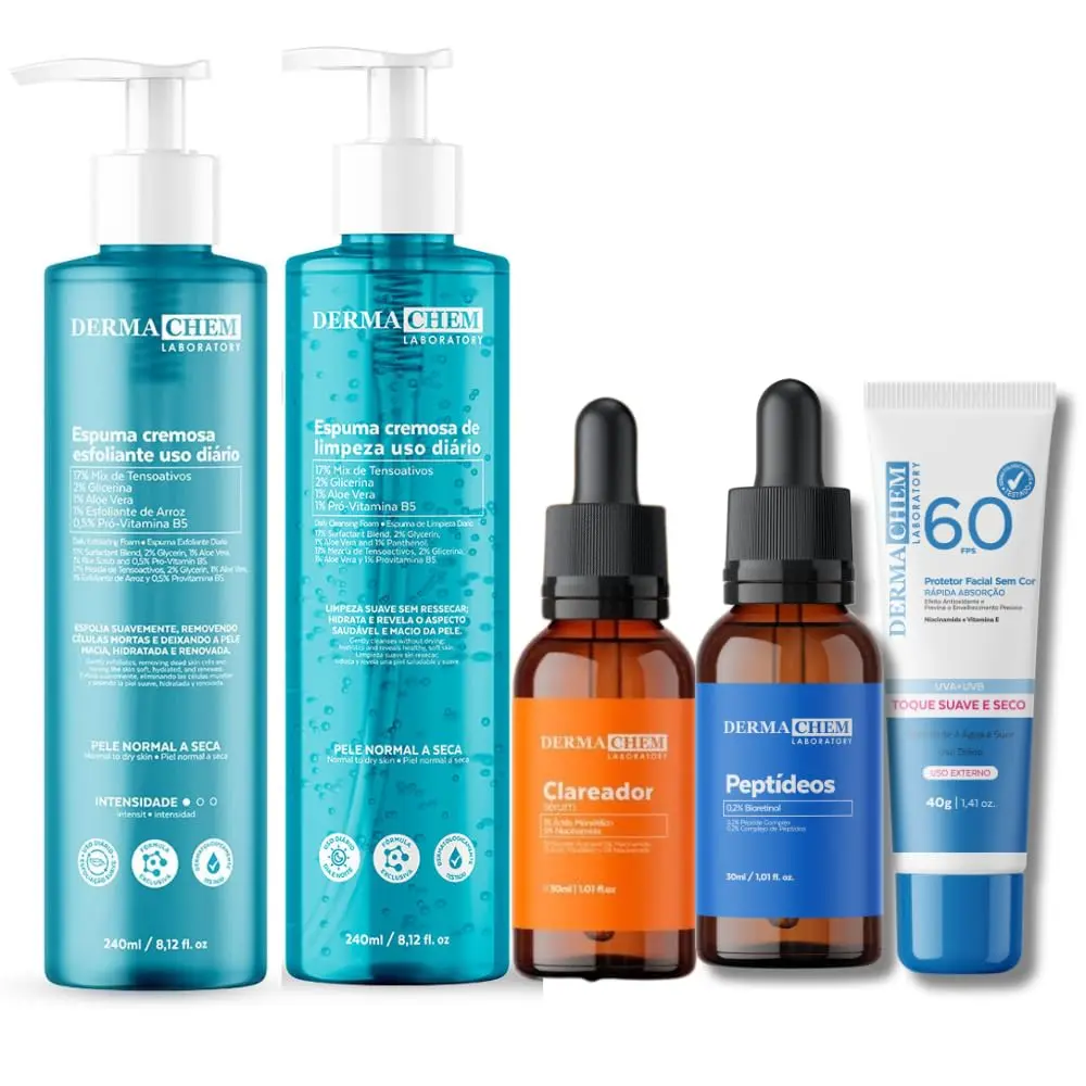 Kit Clareador Avançado:Espuma Facial de Limpeza+Espuma Facial Esfoliante+Sérum Clareador+Sérum Peptídeos Anti Olheiras+Protetor Solar Facial FPS60 - 1