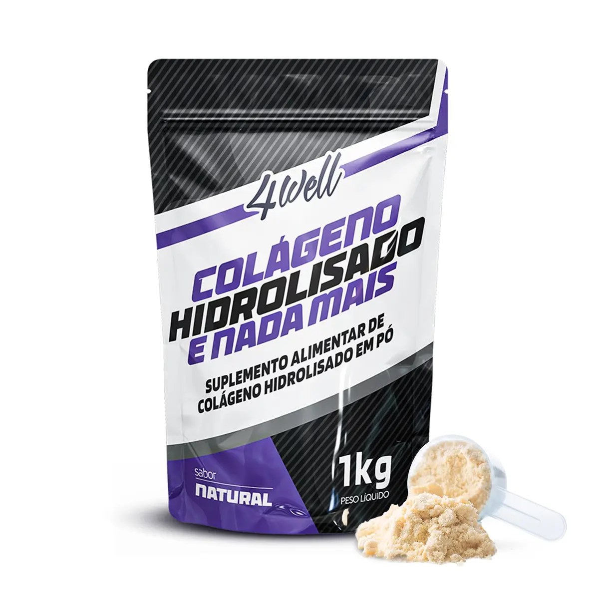Colágeno Hidrolisado 1kg em Pó Sem Sabor 4Well | Colágeno hidrolisado bovino em pó, embalagem de 1kg, sem sabor, fácil preparo e dosador incluso.