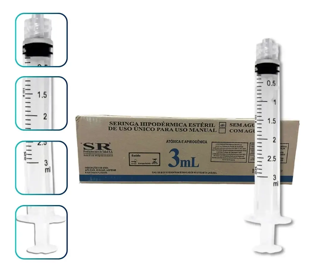 Kit 100 Seringas 3ml Descartáveis Luer Lock Bico Rosca Capacidade em volume 3 mL pacote