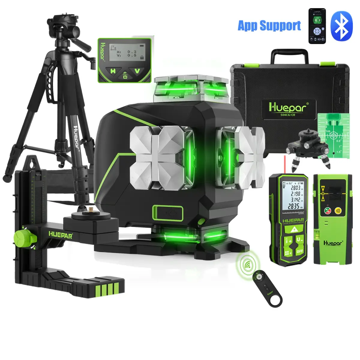 Nível a Laser Huepar 16 Linhas S04CG, Feixe Verde de Íon de Lítio, Autonivelante, Ferramenta de Nivelamento de Linhas Cruzadas com Display LCD, Controle Remoto e por Aplicativo