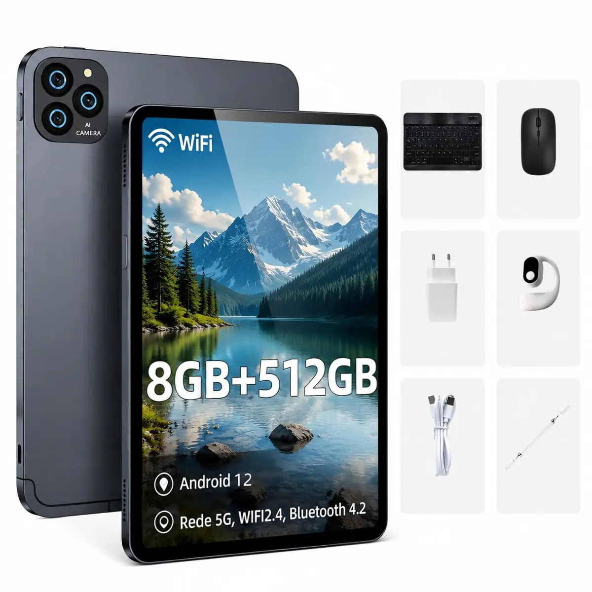 Tablet A8 10.1" Android 12, 8GB RAM 512GB ROM, 10000mAh, Câmera Dupla, Wi-Fi - Kit com Teclado, Mouse e Stylus
