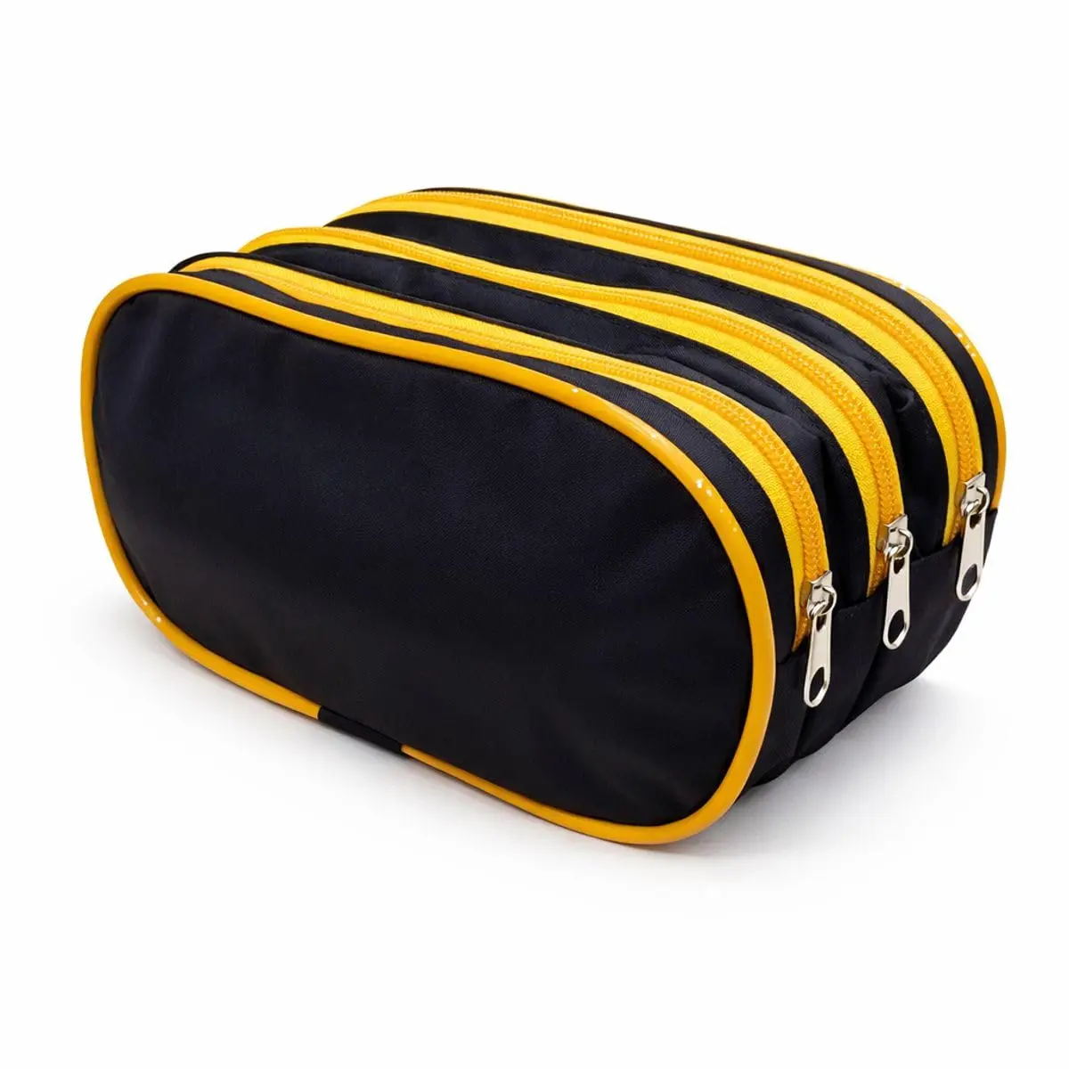 Estojo Escolar Triplo com 3 Compartimentos, Poliéster Resistente, Costura Reforçada, Grande Organizador para Lápis e Canetas (Preto com Amarelo) - 1