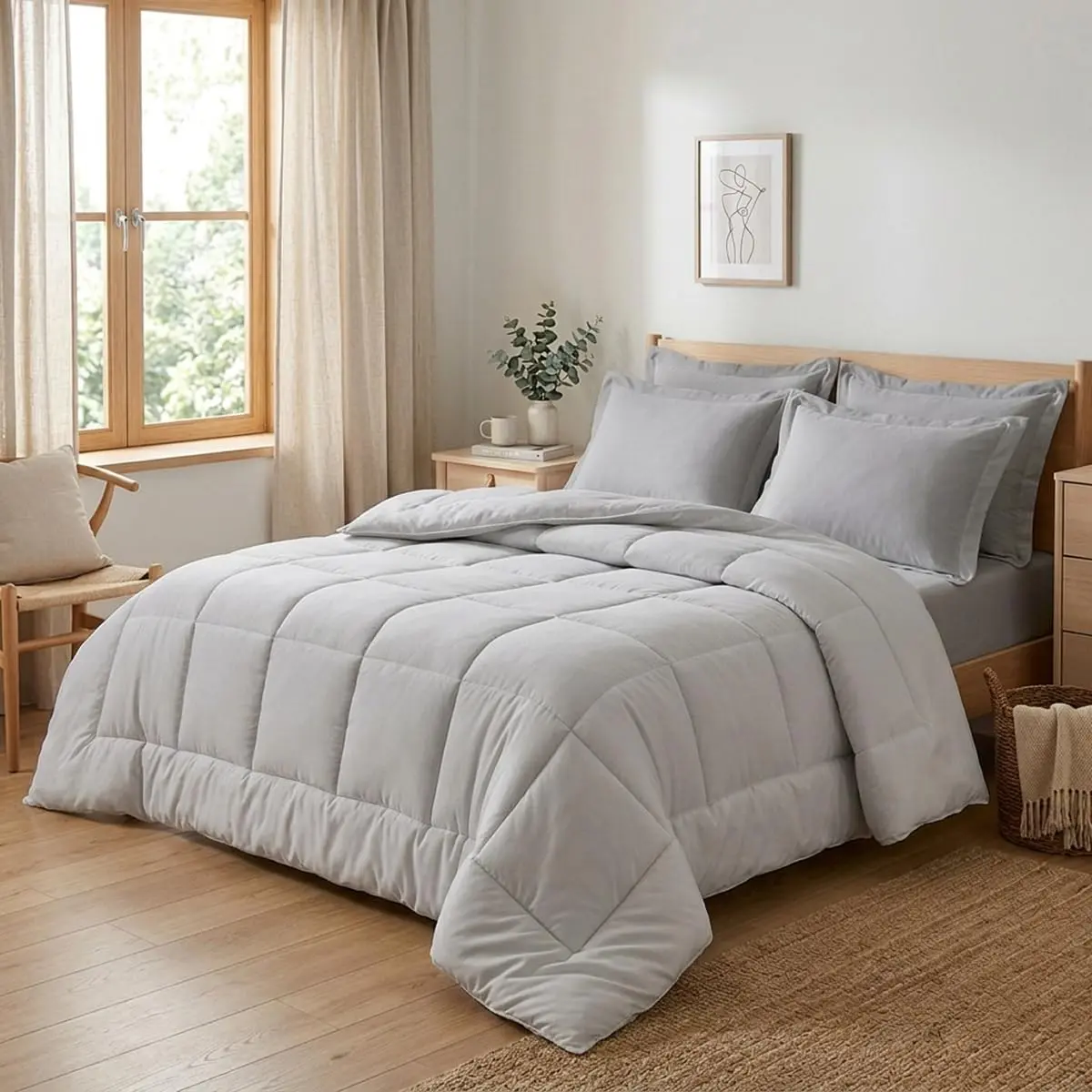 Edredom Kit Roupa de Cama 6 Peças Dupla Face Lençol e Fronha Completo Com Elástico Casal Queen (Cinza)