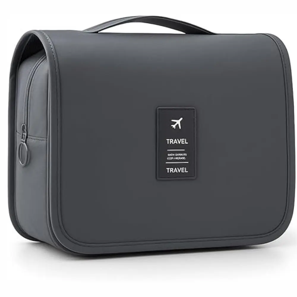 Bolsa Necessaire Maquiagem Cosméticos Viagem Com Divisória e Cabide para Pendurar Organizador de Maquiagem Shampoo Perfumes Higiene Pessoal (Cinza)
