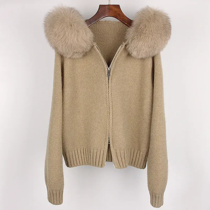 2024 moda outono inverno casual com capuz gola de pele de raposa real moda jaqueta curta de malha com casaco de pele natural para mulher