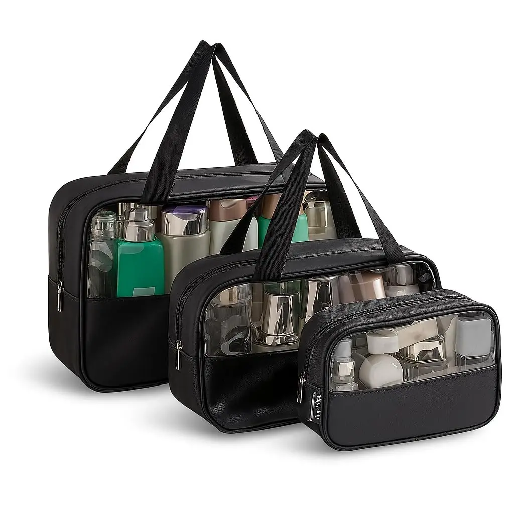 Kit Necessaire Transparente 3 em 1 Bolsa de Viagem para Maquiagem e Higiene Pessoal Unissex – Grande Capacidade, Organizador em PVC Impermeável, Ideal para Academia, Mala, Mala de Mão (Preto)