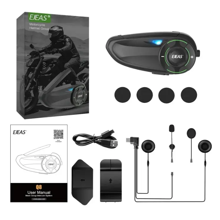 EJEAS Q8 Bluetooth 5.1 Mesh 3.0 Intercomunicador para capacete de moto, comunicação para 6 condutores, IP67, rádio FM, GPS e redução de ruído para capacete de moto