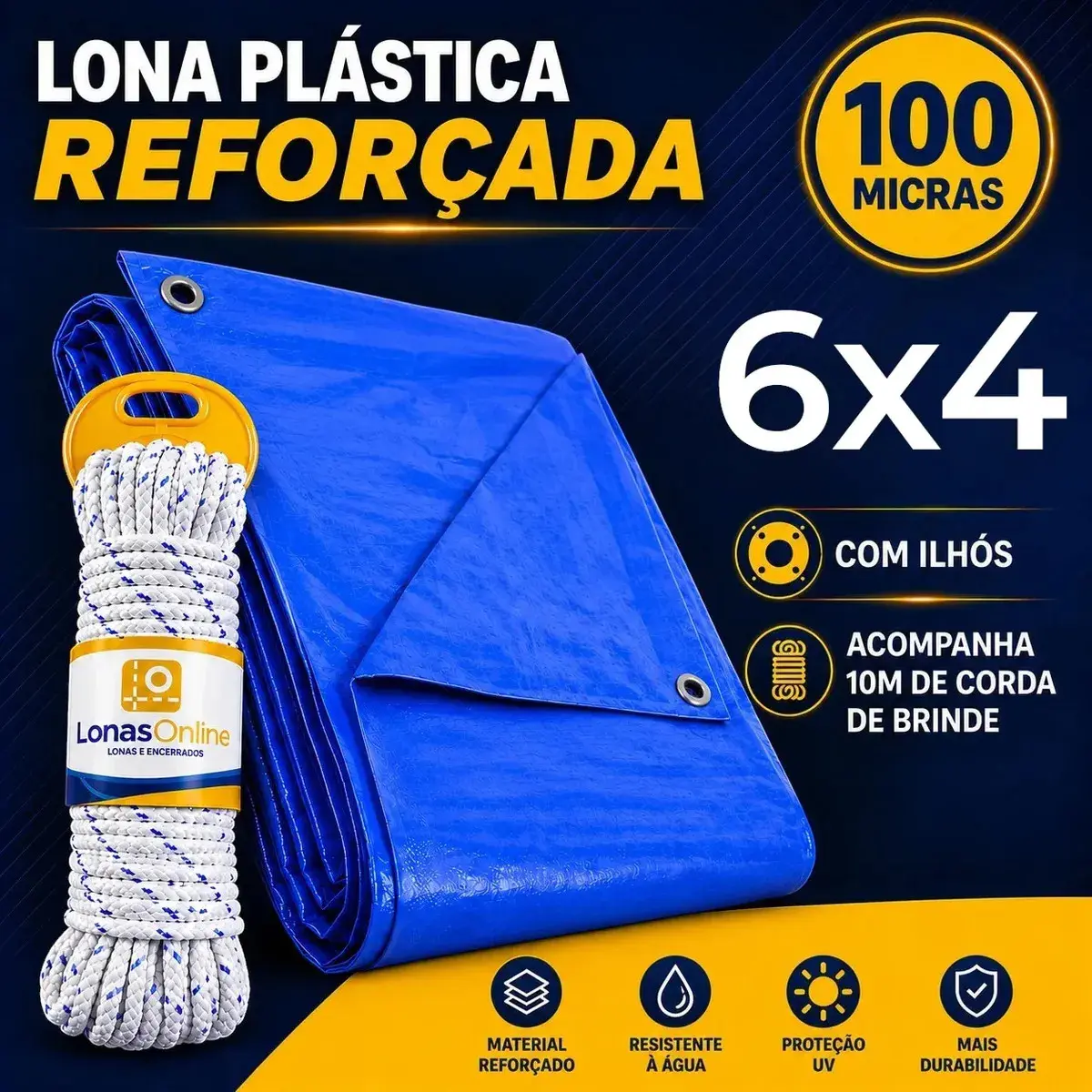 Lona Plástica Azul 6x4 Com Corda Impermeável Reforçada - 1