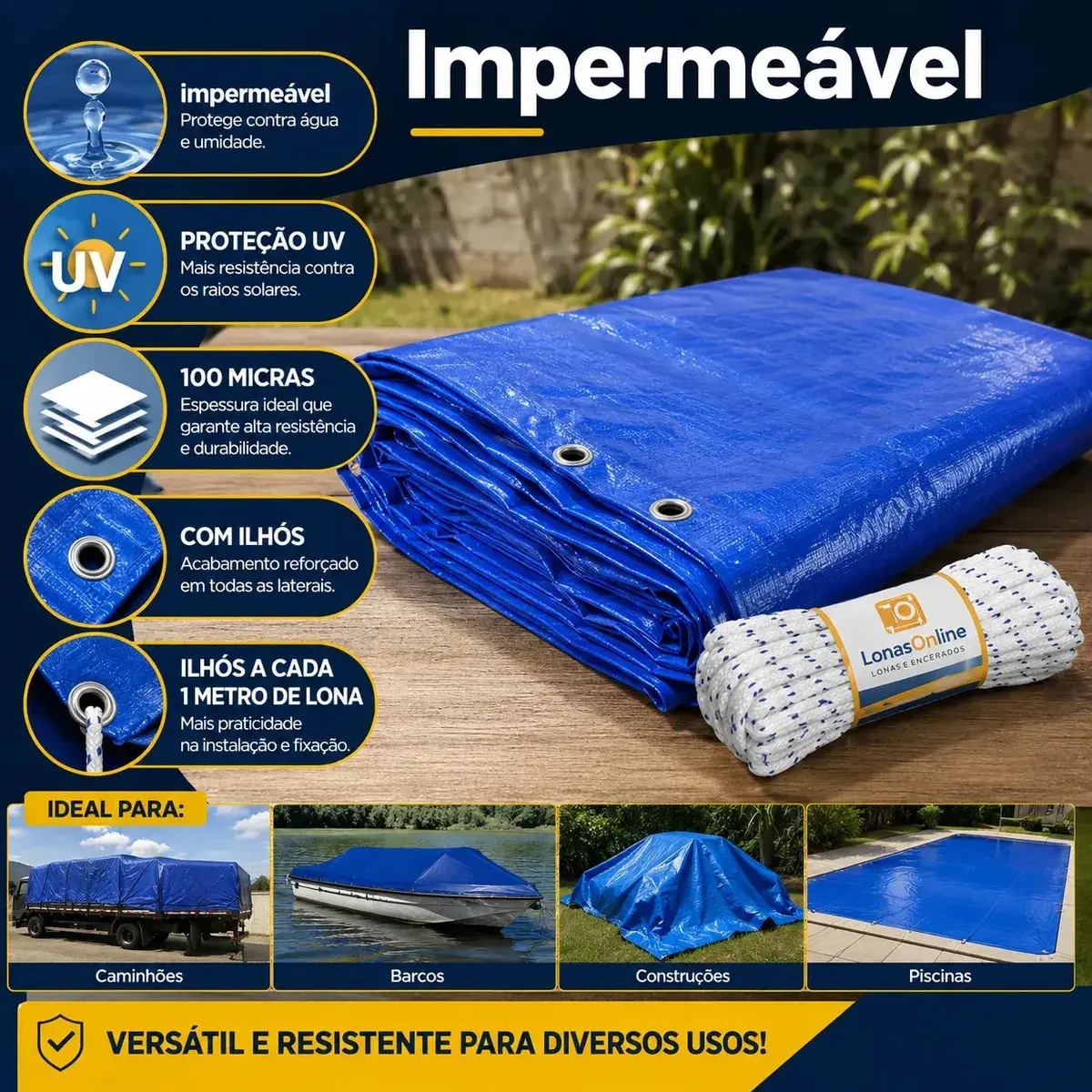 Lona Plástica Azul 6x4 Com Corda Impermeável Reforçada thumbnail 5