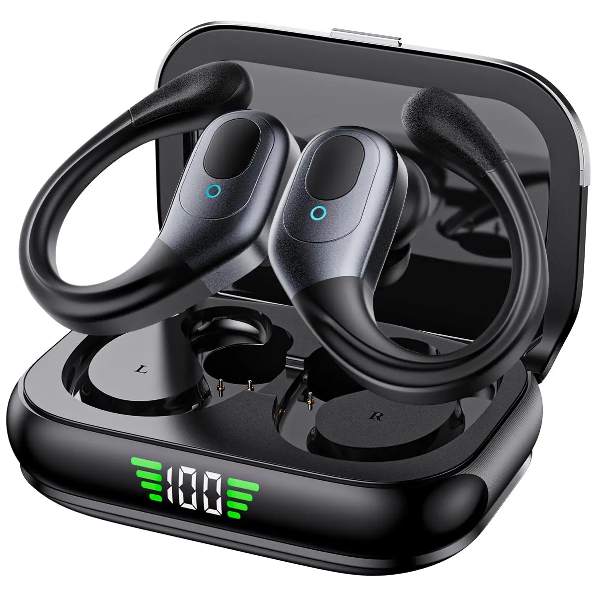 Fones Bluetooth 5.3 com Gancho, 80H de Bateria e Proteção IPX7 Preto | Até 80H de Reprodução, Display LED e Graves Profundos, Proteção IPX7 e Compatibilidade com iOS e Android