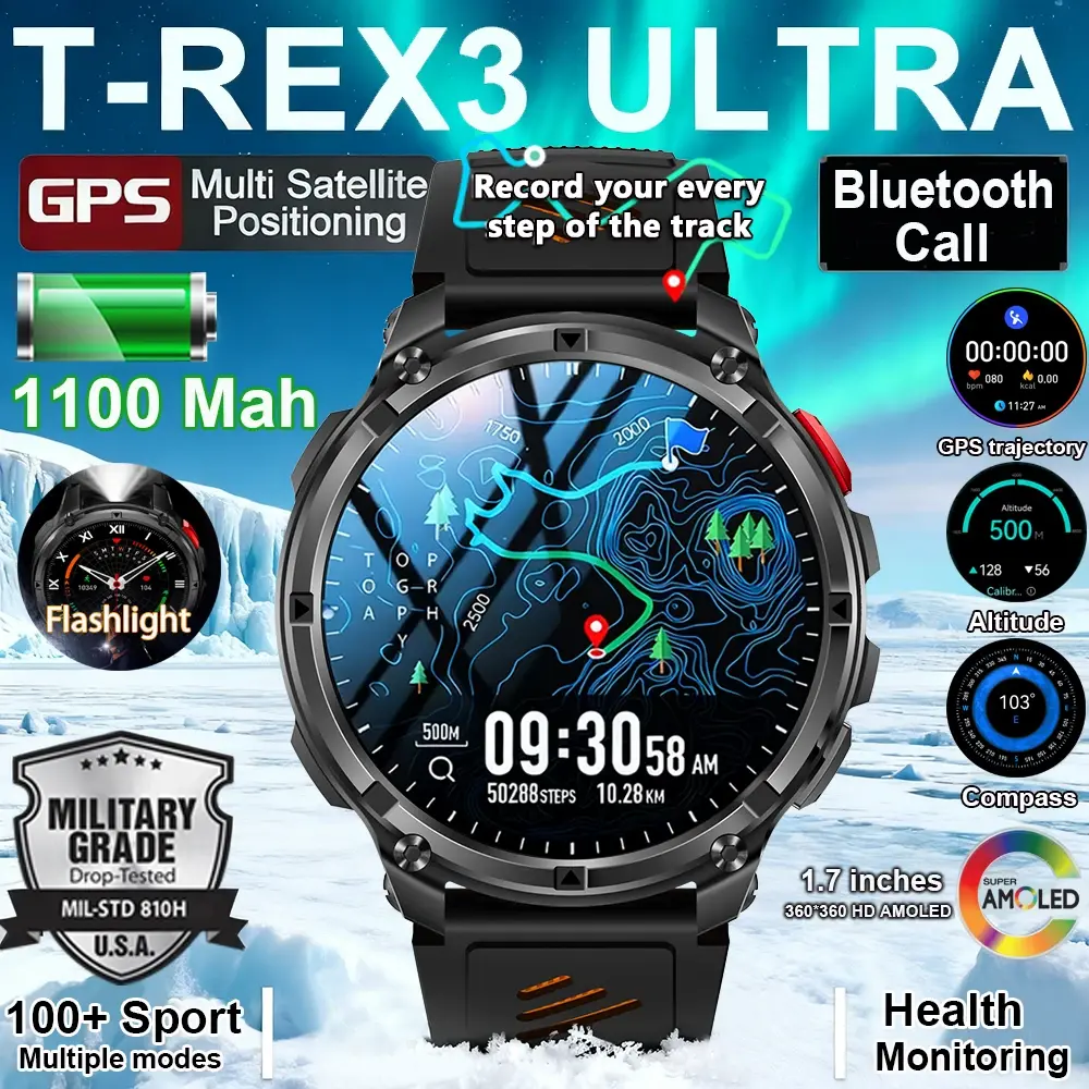 2026 novo 1100mah amoled relógio inteligente masculino 170 + esporte fitness lanterna led ip69 à prova dip69 água bluetooth chamada gps faixa smartwatch ios - 1