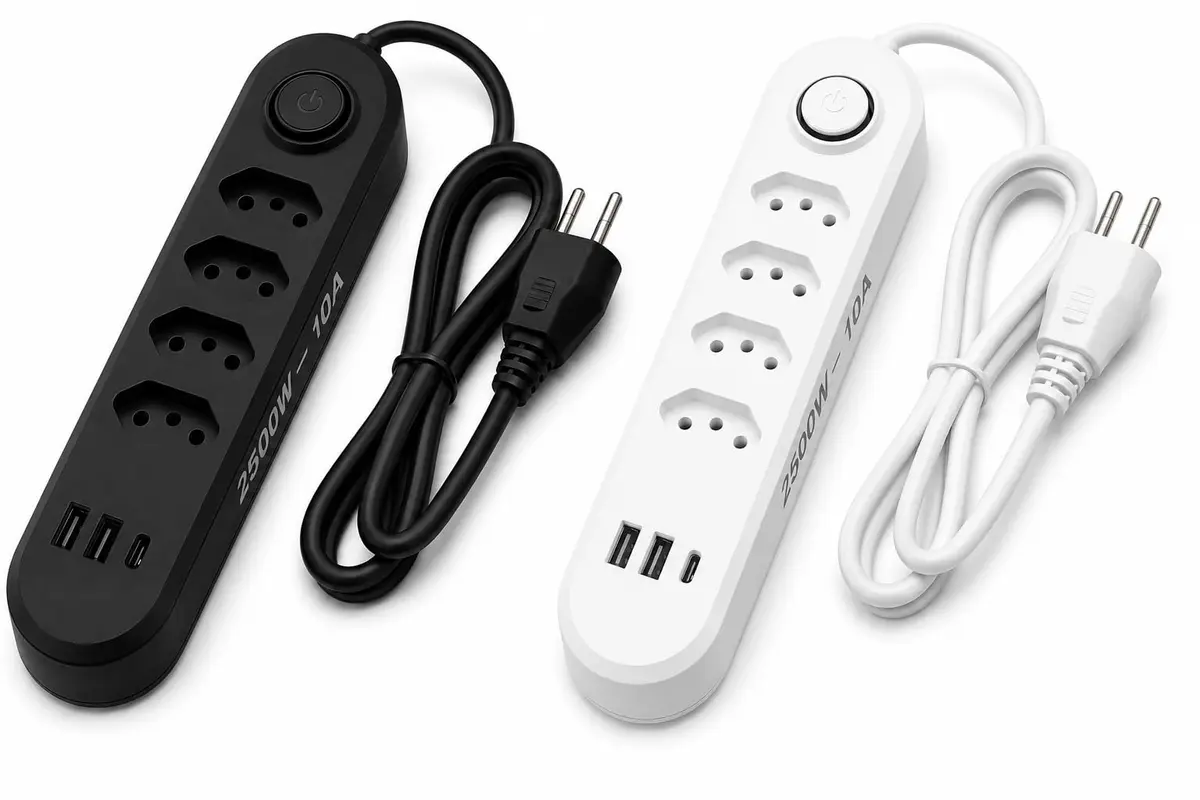 Uma Régua de Energia com 4 Tomadas, 2 USB e Tipo-C, Cabo de 2 Metros, Bivolt, 2500W, para Casa, Escritório e Setup, Extensão Tomada - 1
