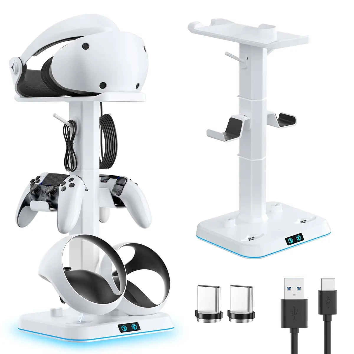 Estação de carregamento PSVR 2, base de carregamento rápido com fecho magnético, suporte de armazenamento para fone de ouvido VR2 e controlador PS5 com 9 modos RGB, inclui conectores tipo C Commodore