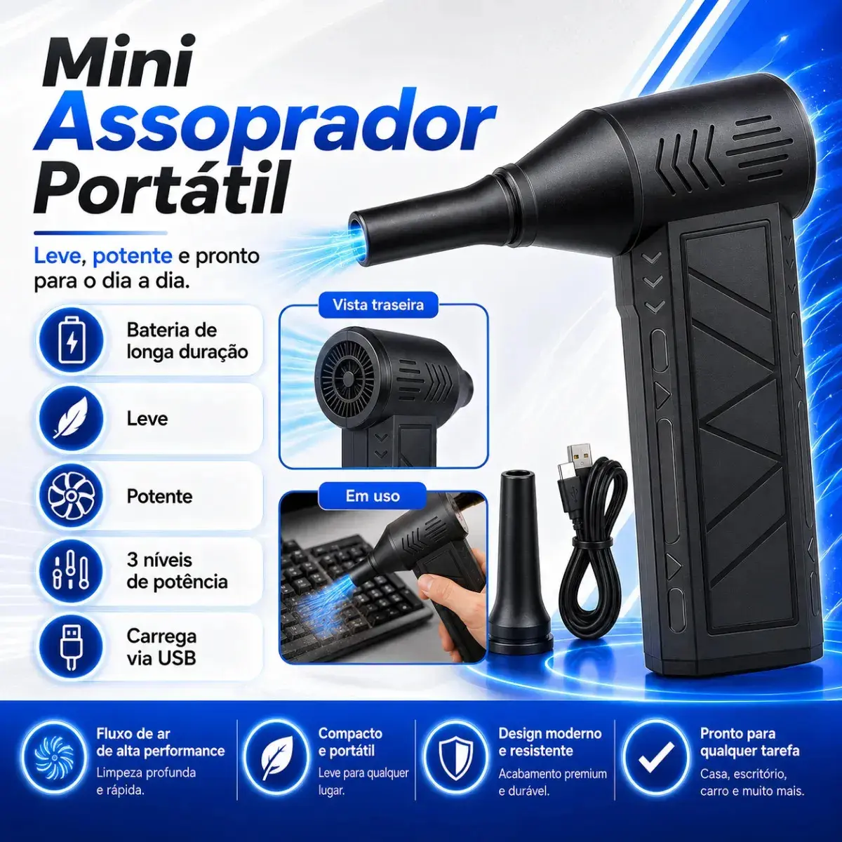 Mini Soprador Ar Turbo 130000rpm Sem Fio Recarregável Carregamento USB-C 3 Bico adaptador Preto Níveis Portátil Multiuso Limpeza Carro Portátil Acende Churrasqueira Woosh thumbnail 2