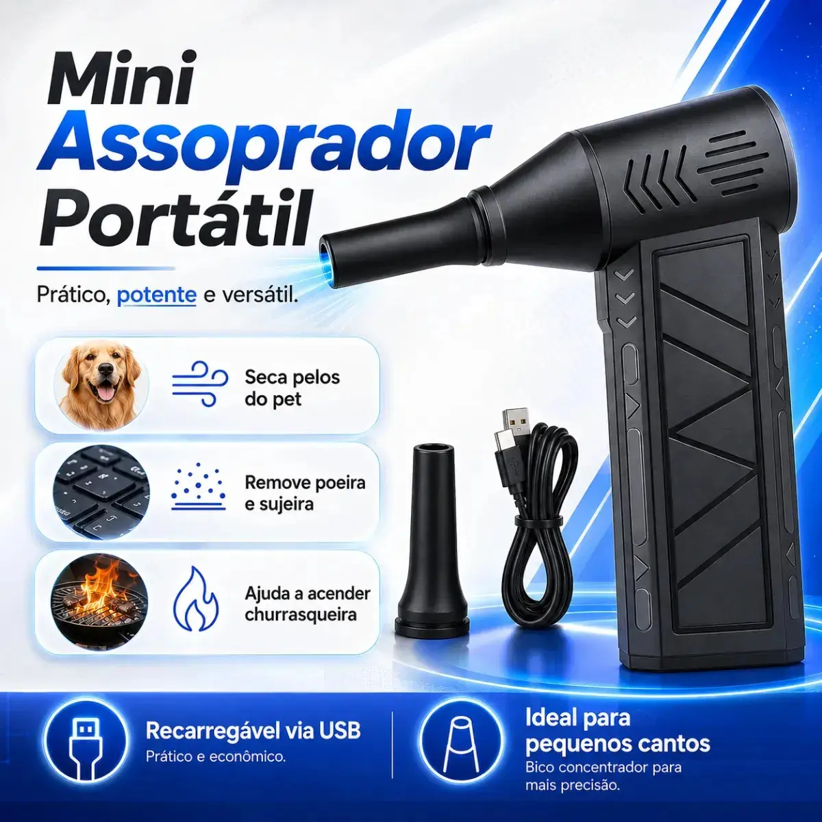 Mini Soprador Ar Turbo 130000rpm Sem Fio Recarregável Carregamento USB-C 3 Bico adaptador Preto Níveis Portátil Multiuso Limpeza Carro Portátil Acende Churrasqueira Woosh thumbnail 3