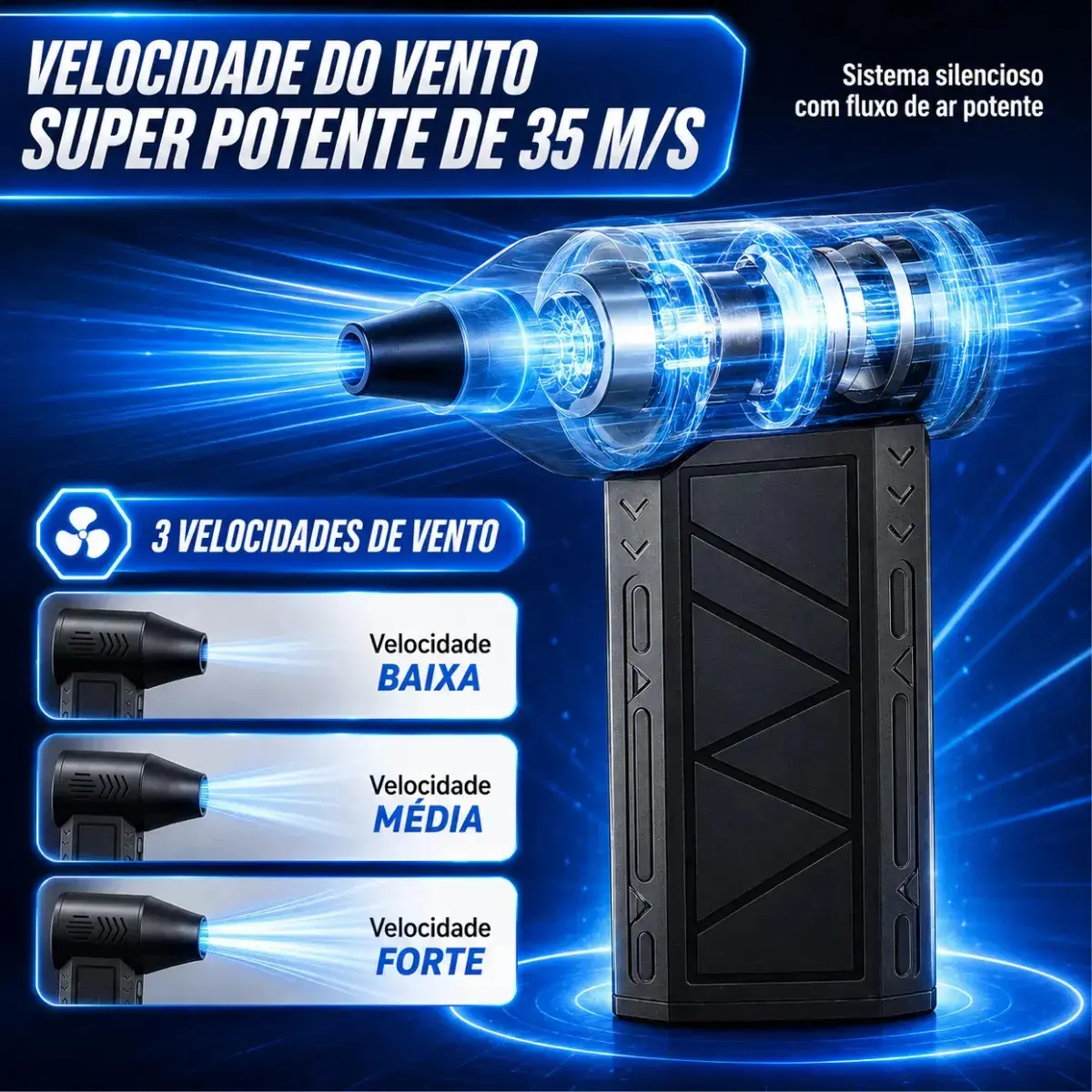Mini Soprador Ar Turbo 130000rpm Sem Fio Recarregável Carregamento USB-C 3 Bico adaptador Preto Níveis Portátil Multiuso Limpeza Carro Portátil Acende Churrasqueira Woosh thumbnail 5