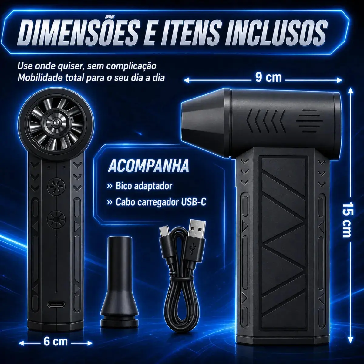 Mini Soprador Ar Turbo 130000rpm Sem Fio Recarregável Carregamento USB-C 3 Bico adaptador Preto Níveis Portátil Multiuso Limpeza Carro Portátil Acende Churrasqueira Woosh thumbnail 7