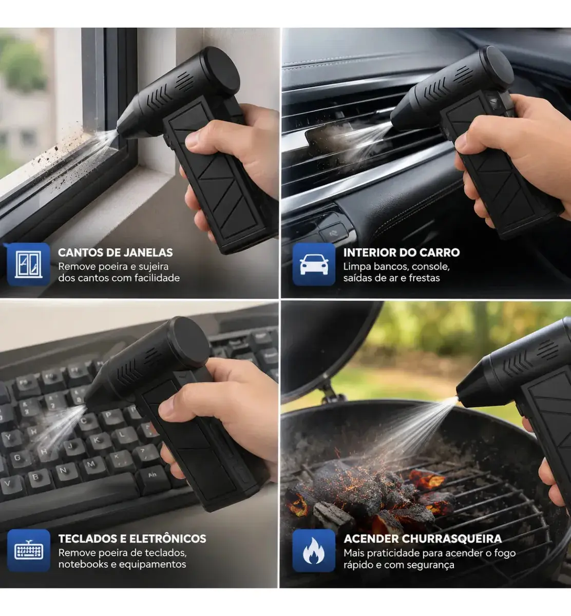 Mini Soprador Ar Turbo 130000rpm Sem Fio Recarregável Carregamento USB-C 3 Bico adaptador Preto Níveis Portátil Multiuso Limpeza Carro Portátil Acende Churrasqueira Woosh thumbnail 9