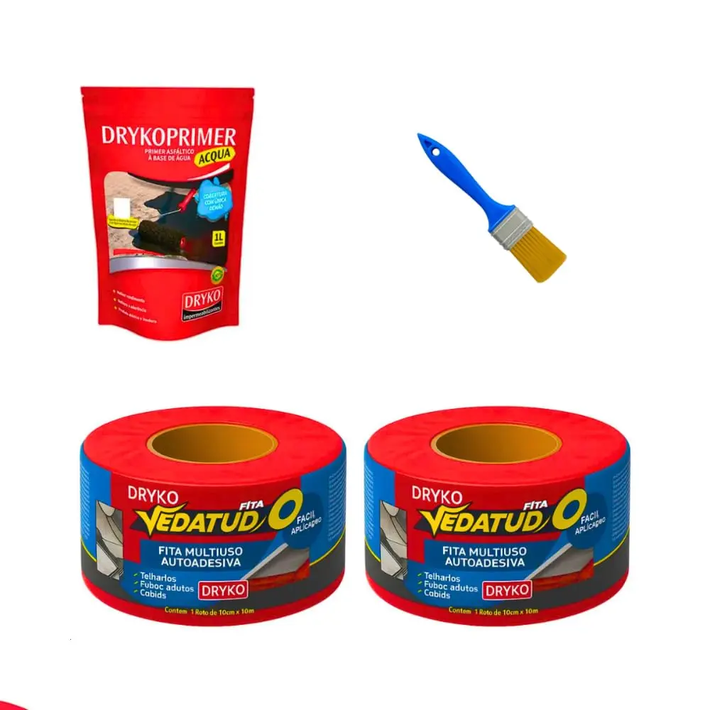 Kit 2 Fitas Adesivas Manta Asfaltica 10cmx10 m Primer 1 Litro Trincha 1/2"