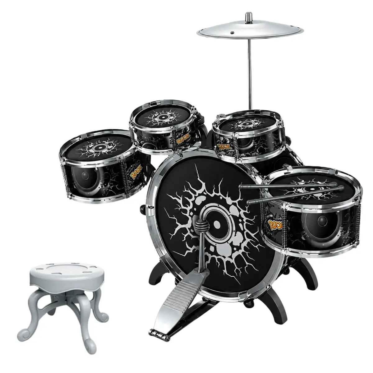 Bateria Infantil Musical Rock N' Roll Com Banquinho Baquetas Pedal E Prato Brinquedo Educativo Completo Certificado Inmetro A Partir De 3 Anos (Preto)