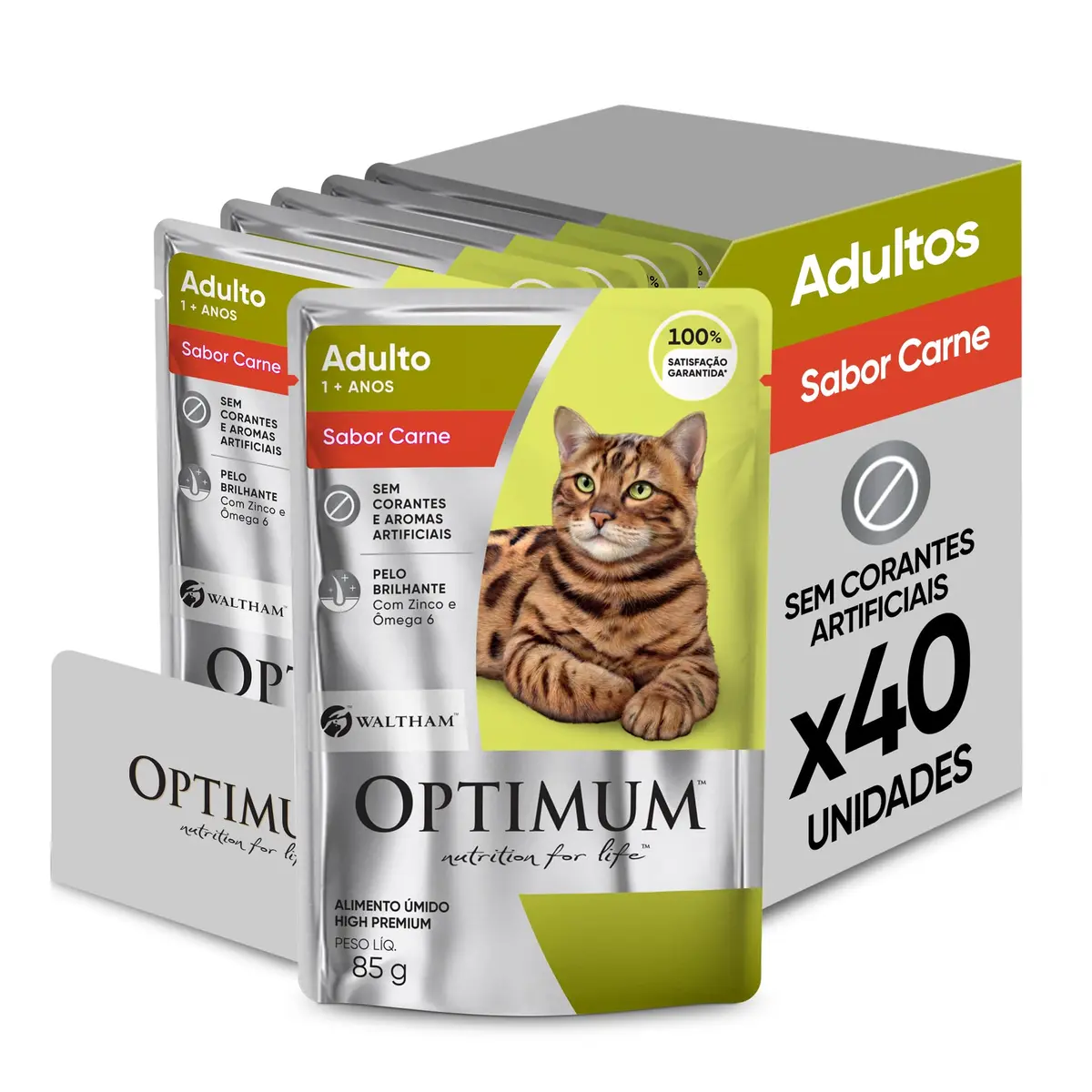 Pack Ração Úmida Optimum Sachê para Gatos Adultos Sabor Carne 85g - 40 unidadaes
