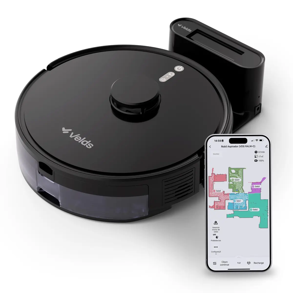 Aspirador de Pó Robô Velds, 3 em 1 - Varre Aspira Passa Pano, Mapeamento Via App, Sensor Antiqueda, Limpeza Multi-superfície, Recarga Automática, Compatível com Alexa e Google, Bivolt - 1