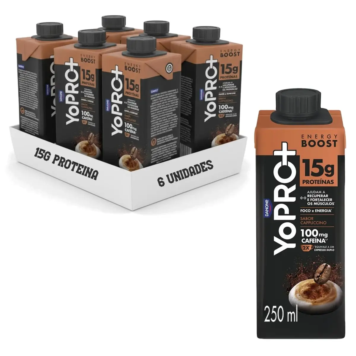 YoPRO Energy Boost Cappuccino UHT – Kit com 6 Unidades – 250g cada – 15g de Proteína por Unidade