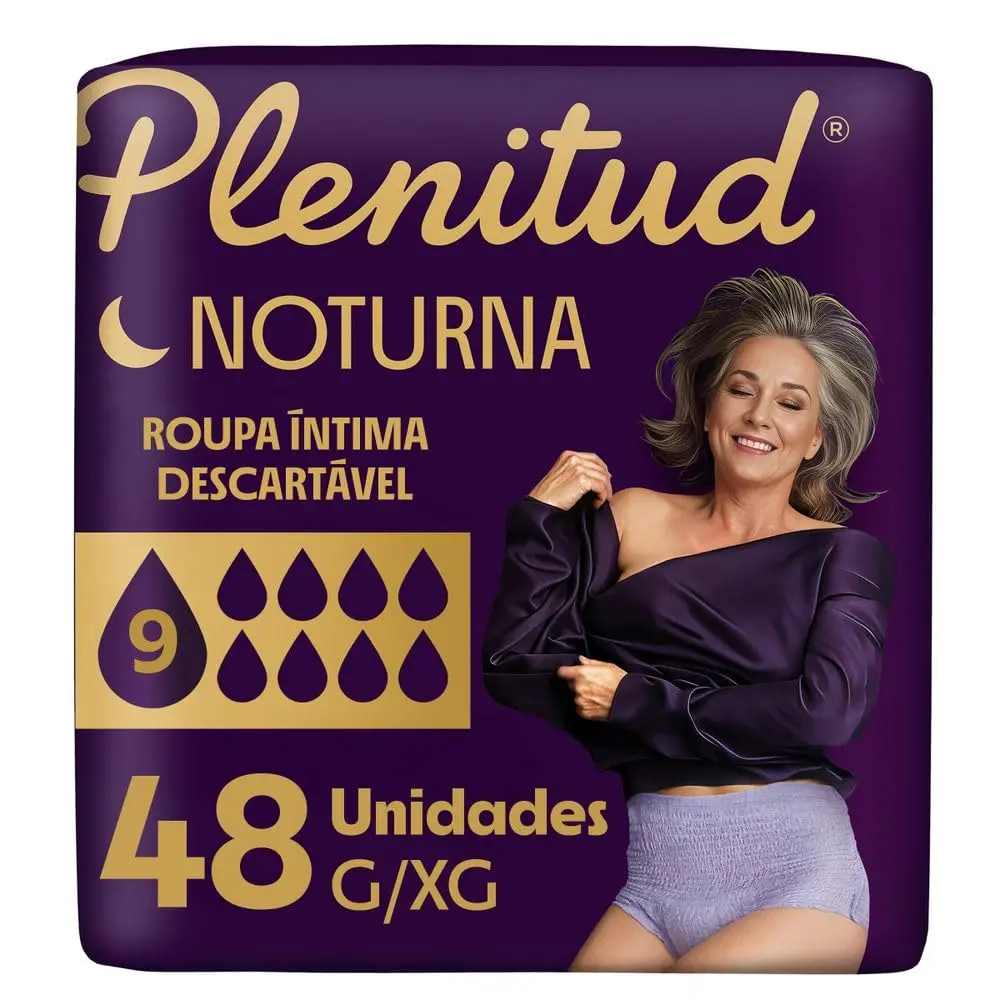 Plenitud® Noturna Roupa Íntima Descartável, Proteção por até 12h, Máxima Absorção, Tamanho G/XG, Pacote com 2x24-48 Unidades