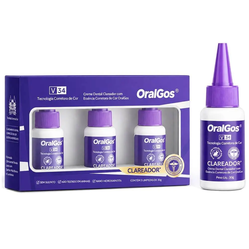 OralGos V34 Pasta de Dente Roxa para Clareamento, Kit com 3 Unidades | Correção de Cor para Reduzir Tons Amarelados e Manchas Nano-Hidroxiapatita Suave das Gengivas, Sem Sulfatos, Hálito Fresco - 1