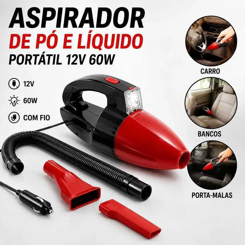 Aspirador de Pó e Líquido Portátil Carro Veicular 12v 60W Com Fio - 1